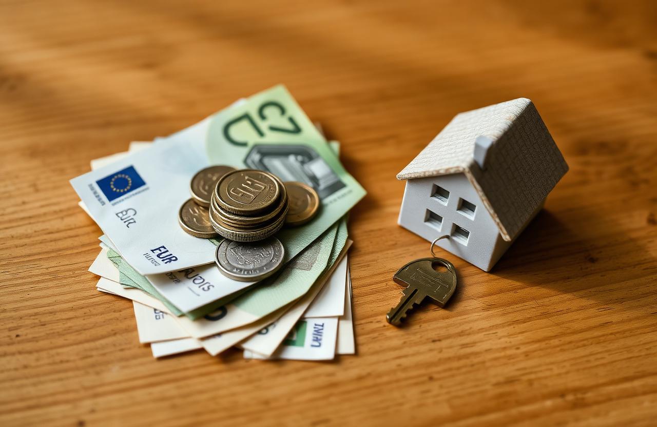 Billets en euros et clé de maison posés sur un bureau en bois