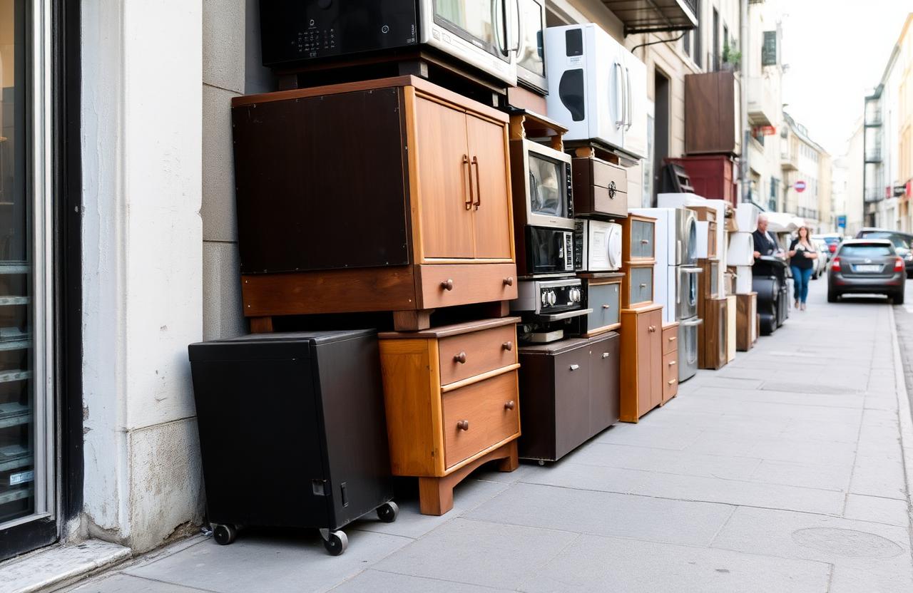 Meubles et électroménager déposés sur le trottoir pour collecte d'encombrants