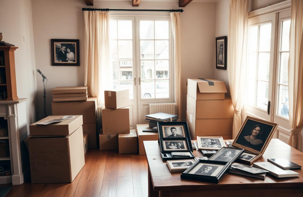Cartons et photos de famille triés dans une maison après succession